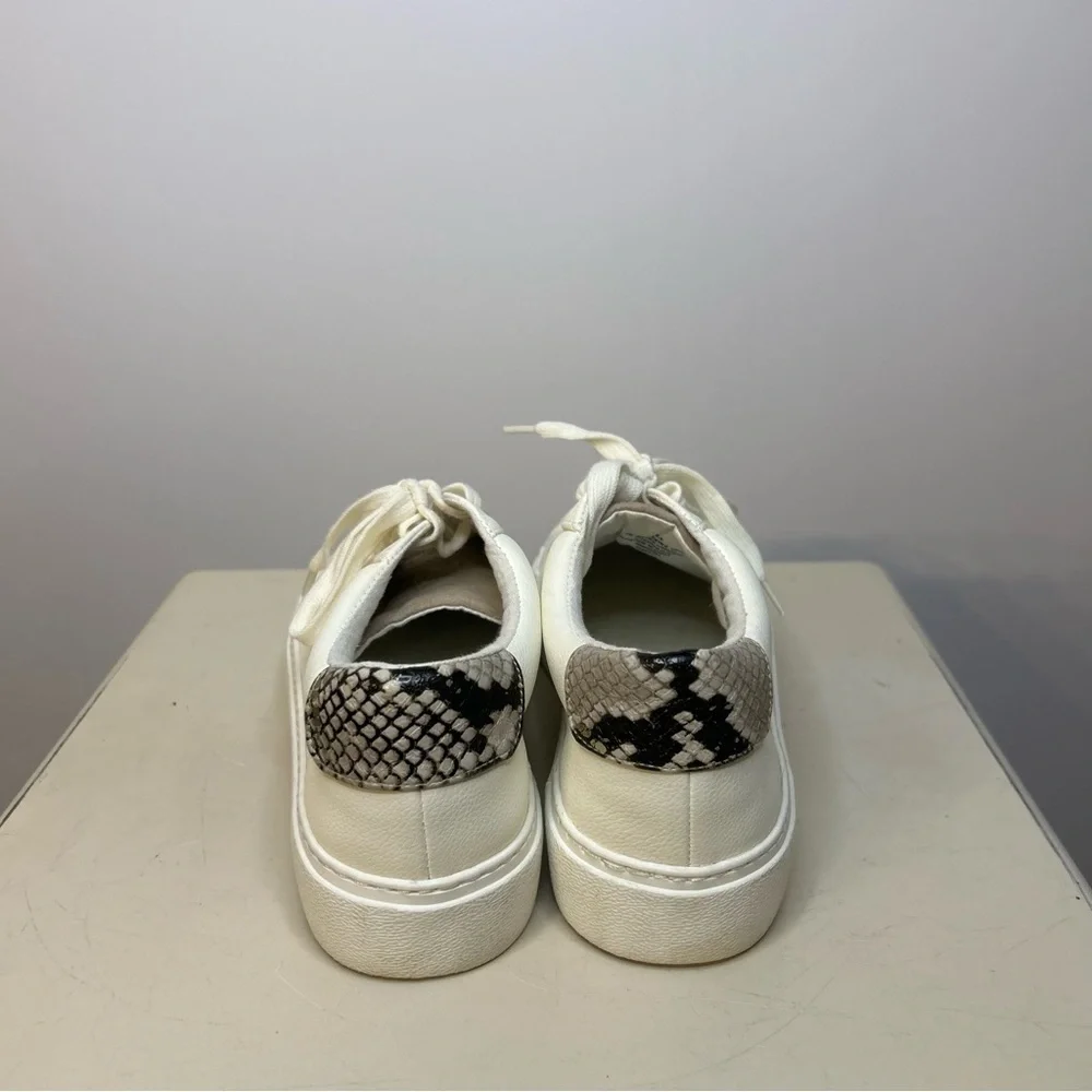 Express Women’s White and Taupe Color block Snake Print Sneakers, Size 9.5